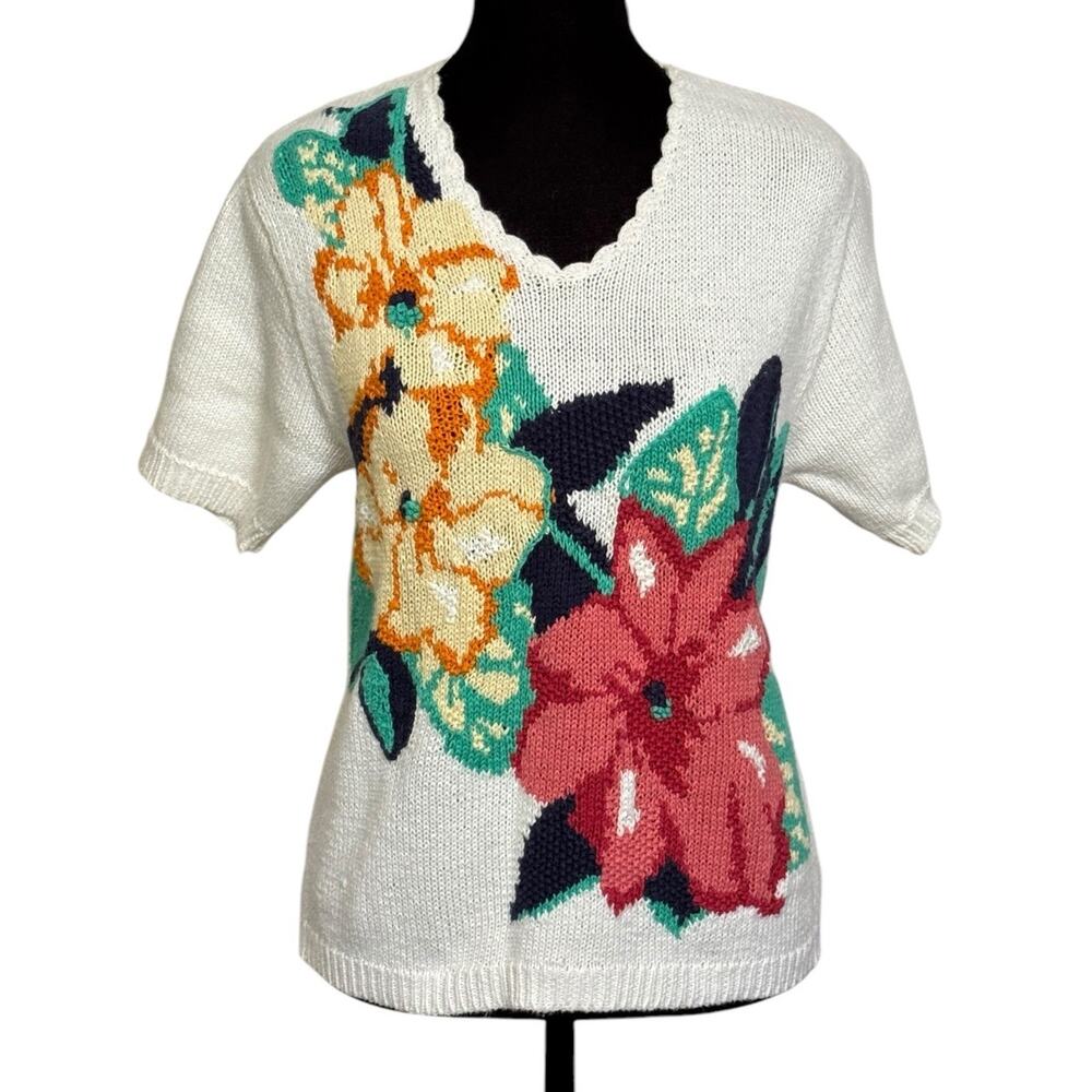 VTG Russ Petite Small Hawaiian‎ Sweater Knit Womens Floral Shirt Sleeve Cottage
